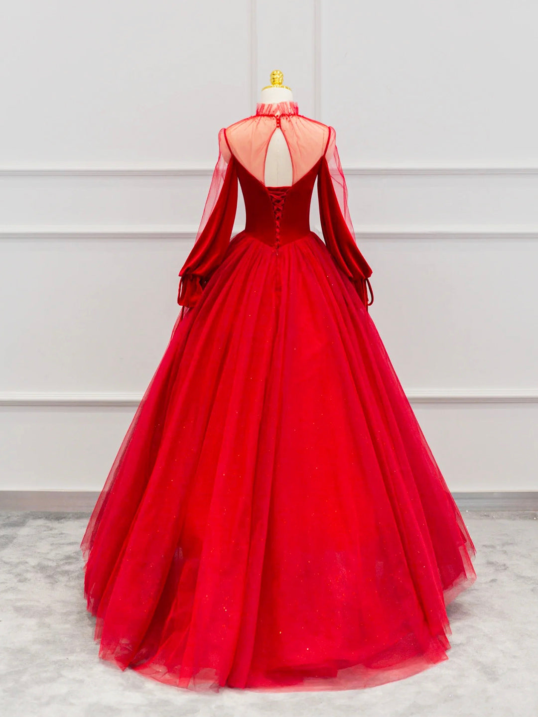 Gorgeou Dress, Red Velvet Tulle Floor Length Prom Dress, Beautiful Long Sleeve Evening Party Dress