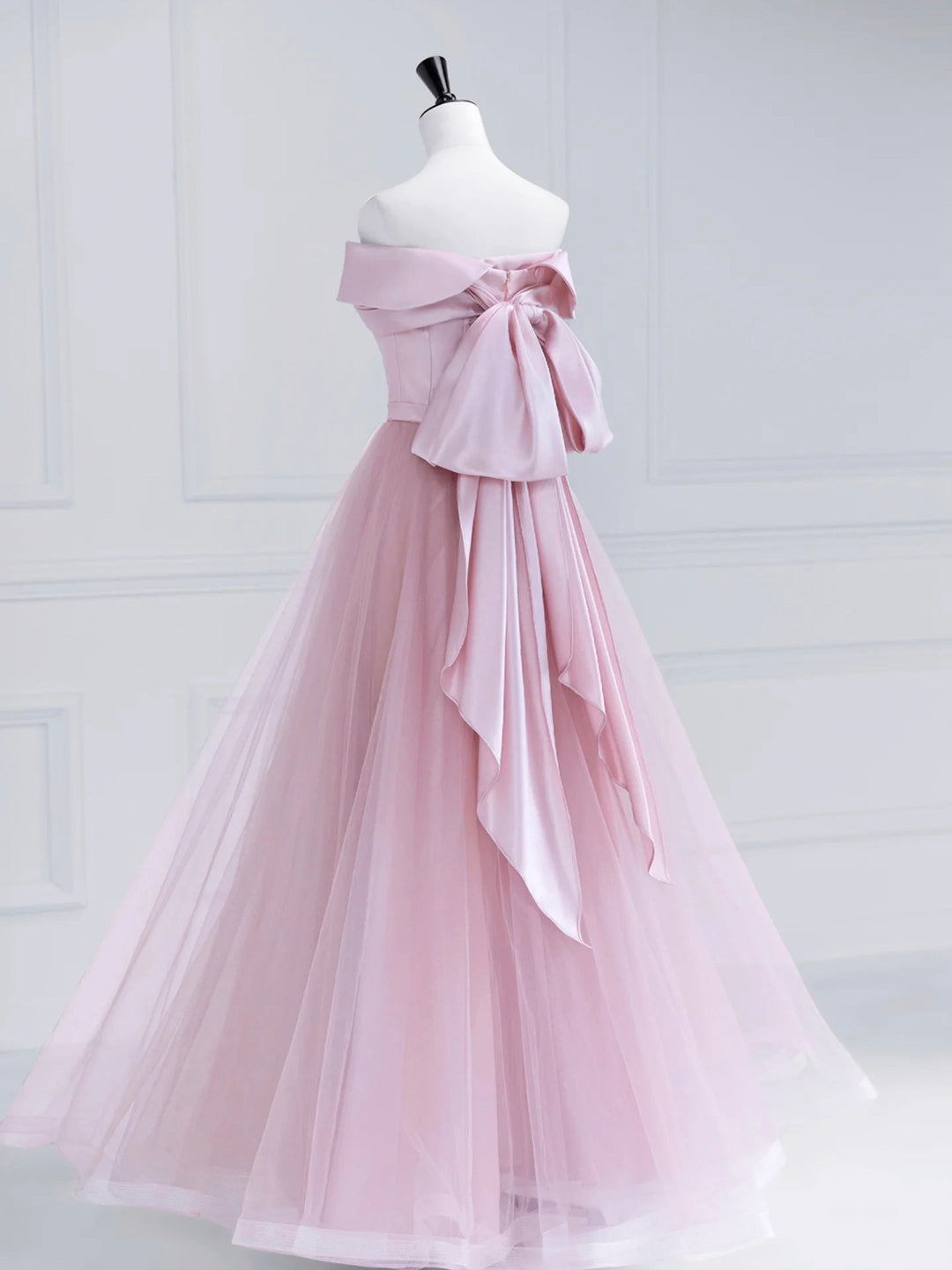 Prom Dresses Lace, Pink Satin Tulle Long Prom Dress, Pink Off Shoulder Evening Dress