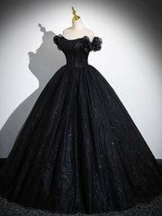 Formal Dress Short, Sparkly Tulle Black Sweetheart Ball Gown, A-Line Off the Shoulder Evening Dress