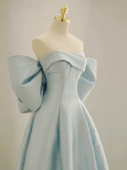 Bridesmaid Propos, Charming Blue Satin Long Prom Dress with Big Bow, A-Line Sweetheart Neck Formal Dress