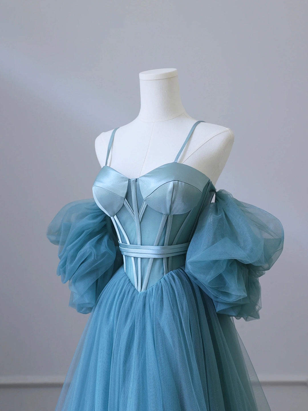 Bridesmaid Dresses Mismatched Colors, Fairy Blue Spaghetti Straps Corset Tulle Prom Dress, Detachable off Shoulder Party Dress