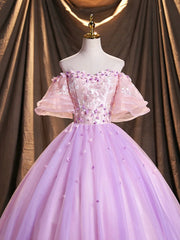 Evening Dress Wholesale, Purple Tulle Sequins Long Prom Dress, A-Line Off the Shoulder Evening Party Dress