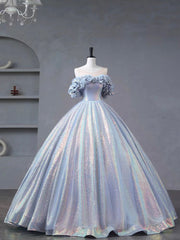 Formal Dress Website, Blue Tulle Sequins Long Formal Dress, Off the Shoulder Princess Dress Sweet 16 Dress
