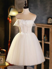 Prom Dress Tulle, Light Champagne Strapless Tulle Short Prom Dress, Beautiful A-Line Evening Party Dress