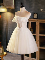 Prom Dresses Tulle, Light Champagne Strapless Tulle Short Prom Dress, Beautiful A-Line Evening Party Dress