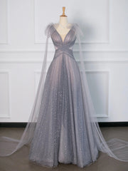 Bridesmaide Dress Colors, Gray Tulle V-Neck Floor Length Prom Dress, A-Line Backless Evening Party Dress