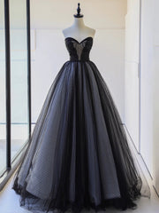 Prom Dresses Dresses, Black Strapless Tulle Lace Long Prom Dress, Black A-Line Sweetheart Neck Evening Party Dress
