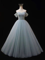 Bridesmaid Dresses Designer, Dusty Blue Tulle Beaded Long Prom Dress, Off the Shoulder A-Line Evening Party Dress