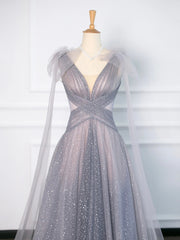 Bridesmaid Dress Colorful, Gray Tulle V-Neck Floor Length Prom Dress, A-Line Backless Evening Party Dress