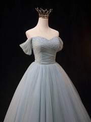 Bridesmaid Dress Designs, Dusty Blue Tulle Beaded Long Prom Dress, Off the Shoulder A-Line Evening Party Dress