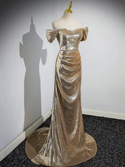 Bridesmaid Dress Summer, Gold  Sequins Floor Length Prom Dress, Mermaid Off the Shoulder Evening Party Dress