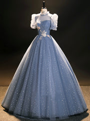 Formal Dresses Long Elegant Classy, Blue Tulle Long A-Line Prom Dress, Beautiful Short Sleeve Evening Party Dress