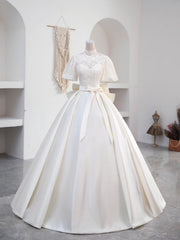 Wedding Dressed Vintage, Beautiful Sweetheart Neck Satin Long Prom Dress with Detachable Lace Top, White Formal Wedding  Dress