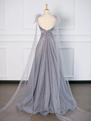 Bridesmaids Dress Colors, Gray Tulle V-Neck Floor Length Prom Dress, A-Line Backless Evening Party Dress