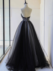 Prom Dresses Dress, Black Strapless Tulle Lace Long Prom Dress, Black A-Line Sweetheart Neck Evening Party Dress