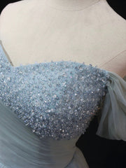 Bridesmaid Dresses Designs, Dusty Blue Tulle Beaded Long Prom Dress, Off the Shoulder A-Line Evening Party Dress