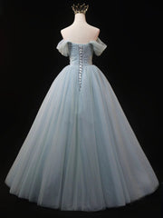 Bridesmaid Dress Designer, Dusty Blue Tulle Beaded Long Prom Dress, Off the Shoulder A-Line Evening Party Dress