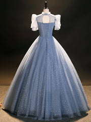 Formal Dresses Long Elegant Evening Gowns, Blue Tulle Long A-Line Prom Dress, Beautiful Short Sleeve Evening Party Dress