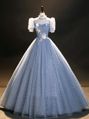 Formal Dress With Sleeves, Blue Tulle Long A-Line Prom Dress, Beautiful Short Sleeve Evening Party Dress
