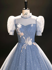 Formal Dress Wear For Ladies, Blue Tulle Long A-Line Prom Dress, Beautiful Short Sleeve Evening Party Dress