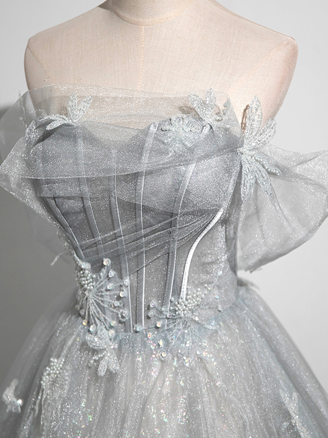 Prom Dresses For Warm Weather, A-Line Off the Shoulder Sparkly Prom Dress, Gray Tulle Corset Floor Length Evening Dress