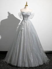 Prom Dress 3 19 Sleeves, A-Line Off the Shoulder Sparkly Prom Dress, Gray Tulle Corset Floor Length Evening Dress