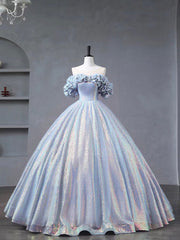 Formal Dress Wedding, Blue Tulle Sequins Long Formal Dress, Off the Shoulder Princess Dress Sweet 16 Dress