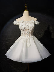Formal Dress Places Near Me, White Flowers Lace Short Prom Dress, Lovely A-Line Evening Party Dress