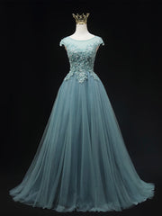 Evening Dresses For Wedding, Blue Scoop Neckline Tulle Lace Long Prom Dress, Beautiful Lace Formal Evening Dress