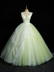 Prom Dress Chicago, Green V-Neck Tulle Lace Long Prom Dress, A-Line Sleeveless Evening Dress