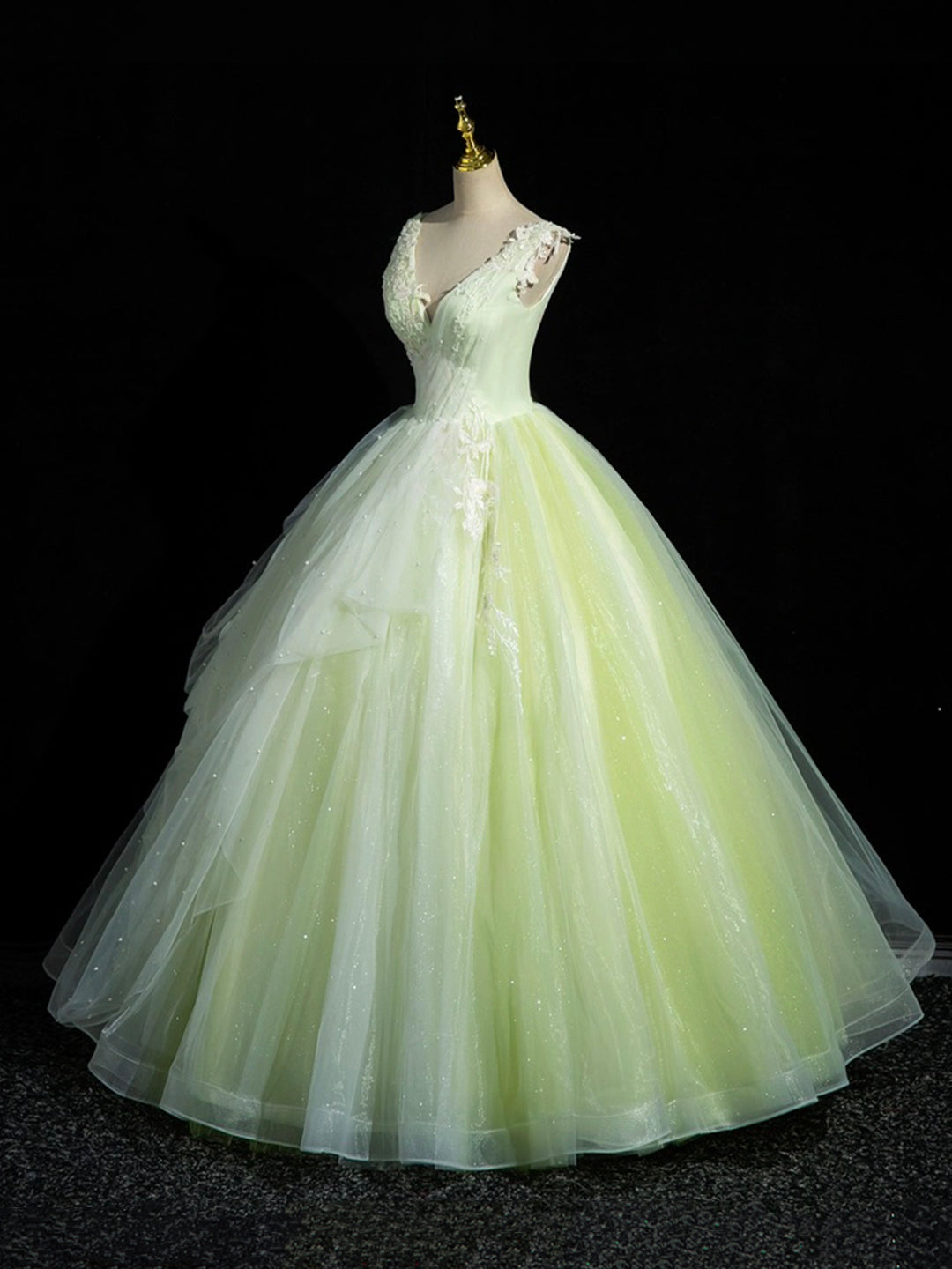 Prom Dresses Glitter, Green V-Neck Tulle Lace Long Prom Dress, A-Line Sleeveless Evening Dress
