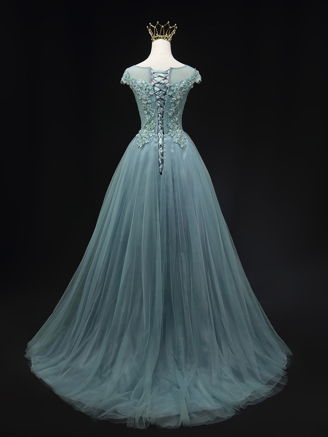 Evening Dress Wholesale, Blue Scoop Neckline Tulle Lace Long Prom Dress, Beautiful Lace Formal Evening Dress
