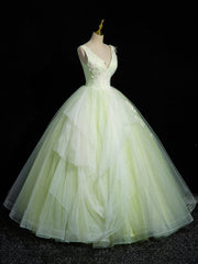 Prom Dress Glitter, Green V-Neck Tulle Lace Long Prom Dress, A-Line Sleeveless Evening Dress
