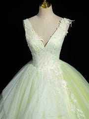 Prom Dresses Chicago, Green V-Neck Tulle Lace Long Prom Dress, A-Line Sleeveless Evening Dress