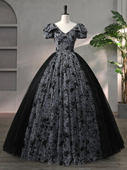 Prom Dress A Line, Beautiful Black Rhinestone Flower Prom Dress, Black V-Neck Short Sleeve Evening Dress