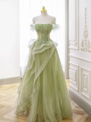 Prom Dresses Blue Light, Green Tulle Long Floor Length Prom Dress, Beautiful A-Line Evening Party Dress with Lace