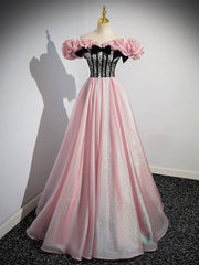 Prom Dresses With Slits, A-Line Shiny Tulle Long Pink Corset Prom Dress, Off the Shoulder Pink Evening Dress