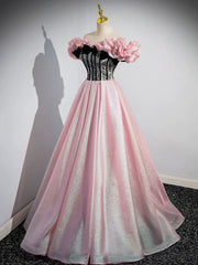 Prom Dress Long Ball Gown, A-Line Shiny Tulle Long Pink Corset Prom Dress, Off the Shoulder Pink Evening Dress