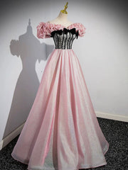 Prom Dresses Long Ball Gown, A-Line Shiny Tulle Long Pink Corset Prom Dress, Off the Shoulder Pink Evening Dress