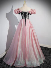 Prom Dresses 2038 Cheap, A-Line Shiny Tulle Long Pink Corset Prom Dress, Off the Shoulder Pink Evening Dress