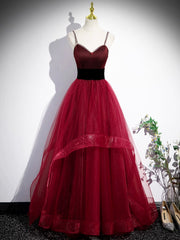 Party Dress Bling, Burgundy Spaghetti Strap Tulle Long Corset Prom Dress, A-Line Evening Party Dress