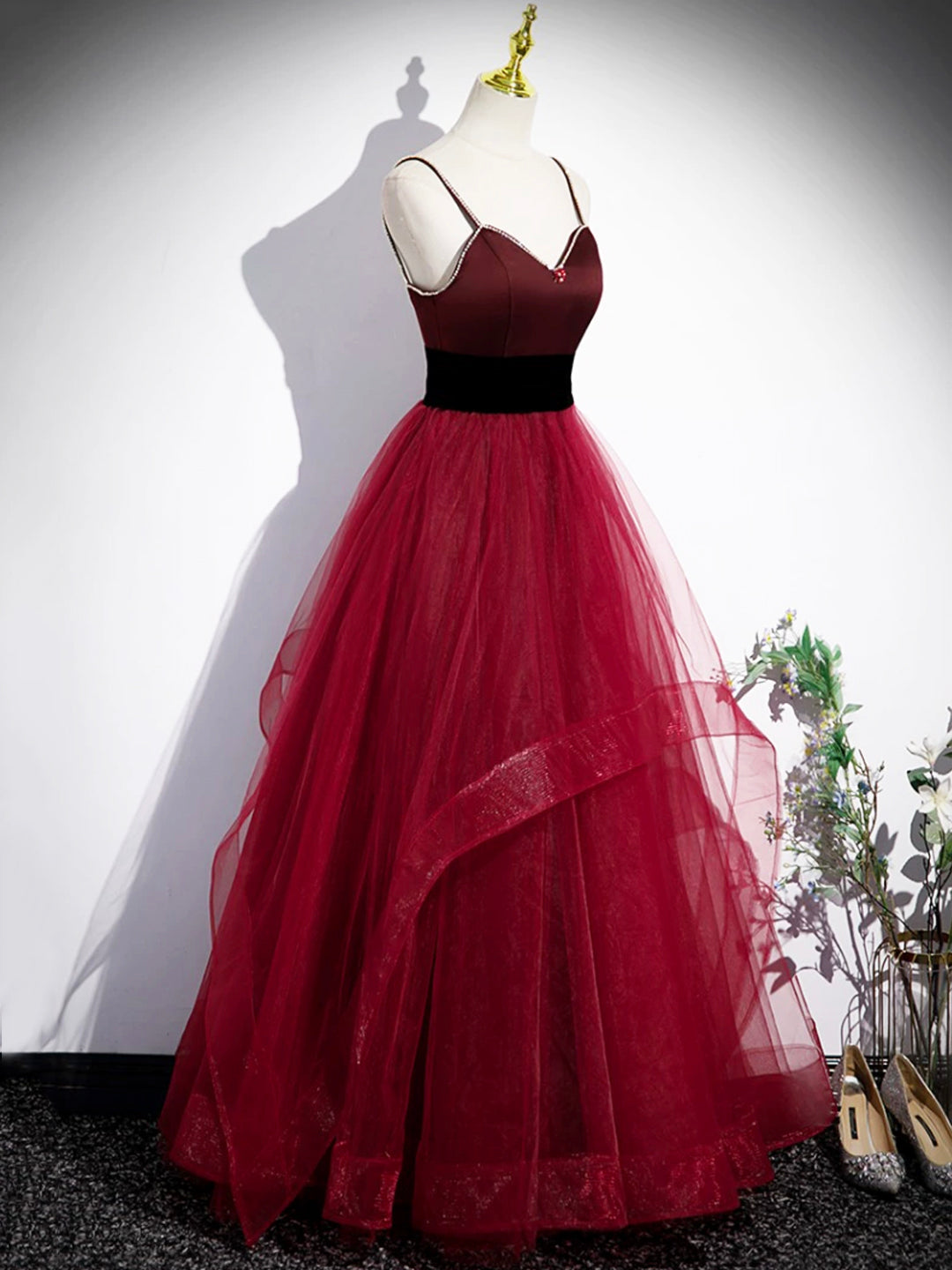 Party Dress Emerald Green, Burgundy Spaghetti Strap Tulle Long Corset Prom Dress, A-Line Evening Party Dress