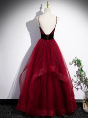 Party Dress Nye, Burgundy Spaghetti Strap Tulle Long Corset Prom Dress, A-Line Evening Party Dress