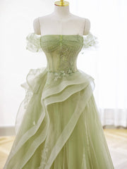 Prom Dress Corset Ball Gown, Green Tulle Long Floor Length Prom Dress, Beautiful A-Line Evening Party Dress with Lace