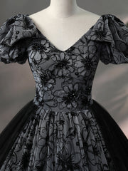Prom Dressed A Line, Beautiful Black Rhinestone Flower Prom Dress, Black V-Neck Short Sleeve Evening Dress