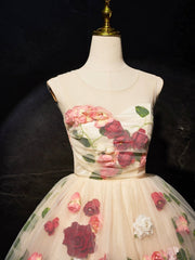 Wedding Pictures, Champagne Scoop Neck Short Prom Dress with Flowers, Cute A-Line Party Dress