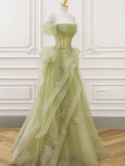 Prom Dress Fairy, Green Tulle Long Floor Length Prom Dress, Beautiful A-Line Evening Party Dress with Lace