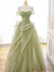 Prom Dress Styling Hair, Green Tulle Long Floor Length Prom Dress, Beautiful A-Line Evening Party Dress with Lace