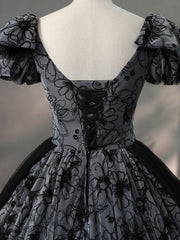 Prom Dress Different, Beautiful Black Rhinestone Flower Prom Dress, Black V-Neck Short Sleeve Evening Dress