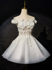 Formal Dress Black Dress, White Flowers Lace Short Prom Dress, Lovely A-Line Evening Party Dress